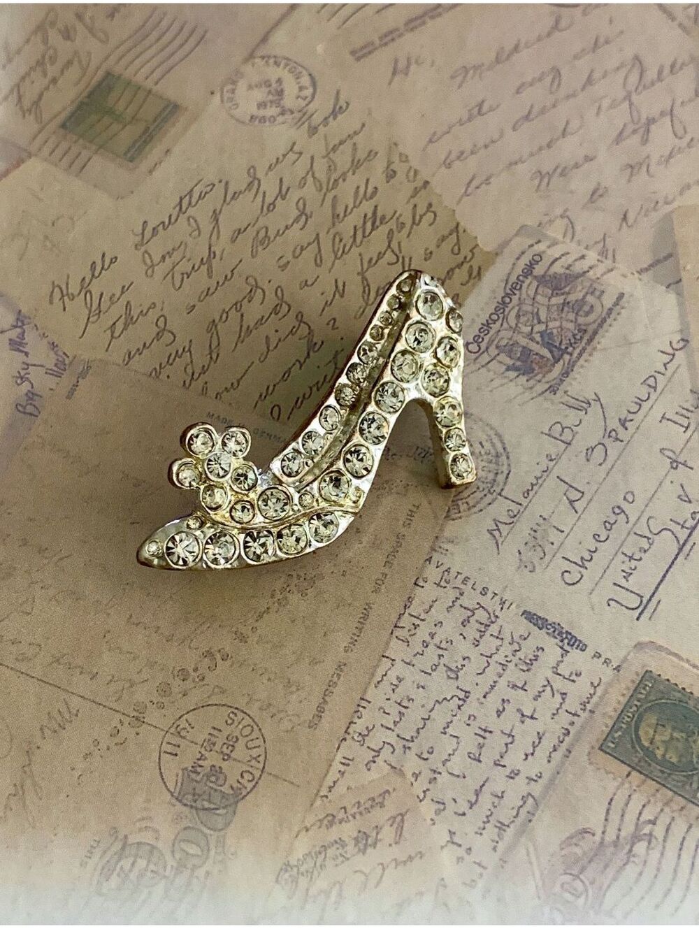 Vintage Cinderella Sparkly High Heel Shoe Brooch Pin with Rhinestones Glam
